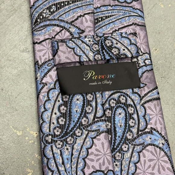 Pavone Paisley Tie 100% Silk Made in Italy Textured Puple/Blue 3.5" - Picture 5 of 8